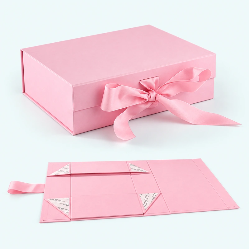 Pink collapsible rigid gift box with ribbon