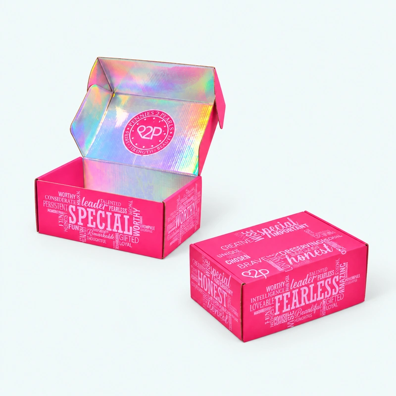 Pink corrugated mailer boxes with holographic interior shown open and closed