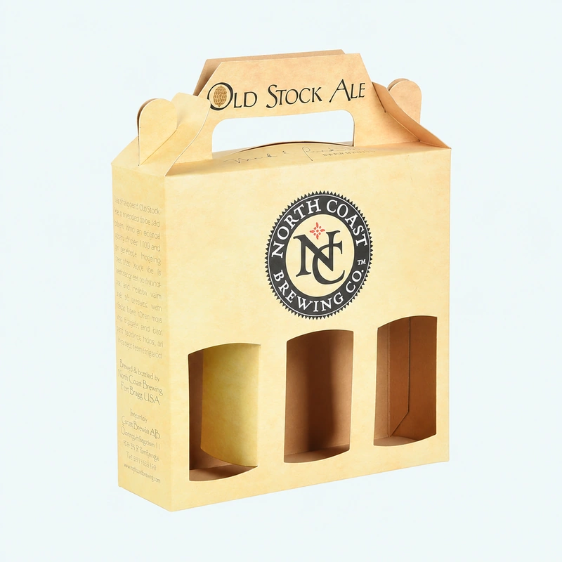 Kraft bottle carrier box with die-cut windows and carry handle