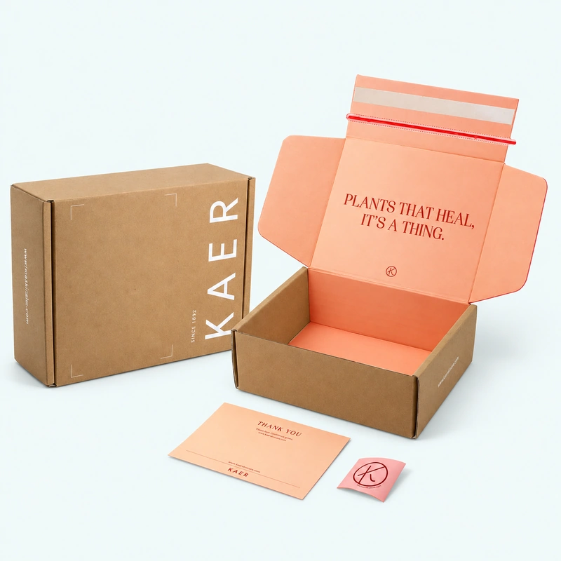 Kraft corrugated mailer boxes with peach interior and peel-and-seal closure